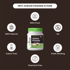 Velicare Ajwain Powder jar with certification icons on a black background