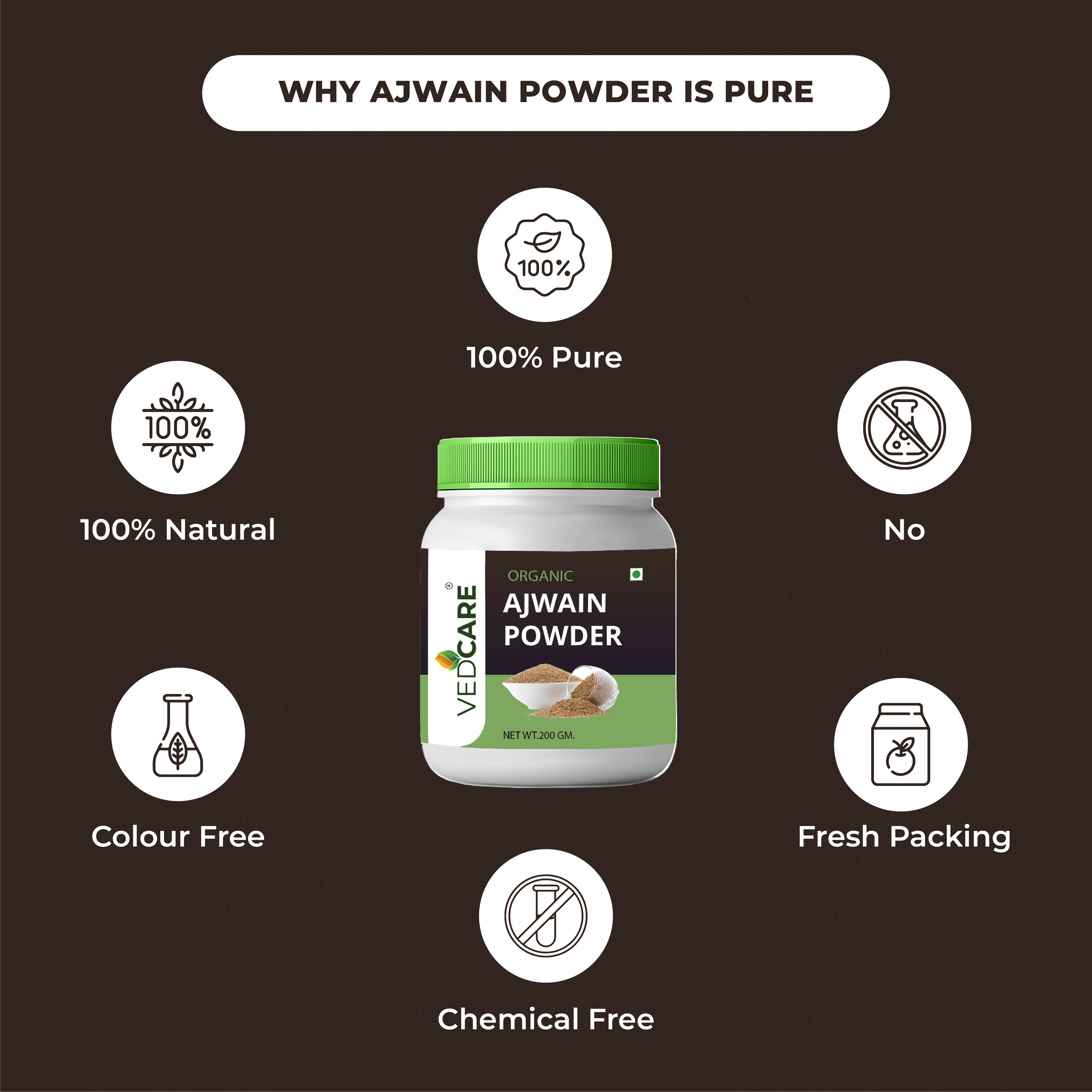 Velicare Ajwain Powder jar with certification icons on a black background