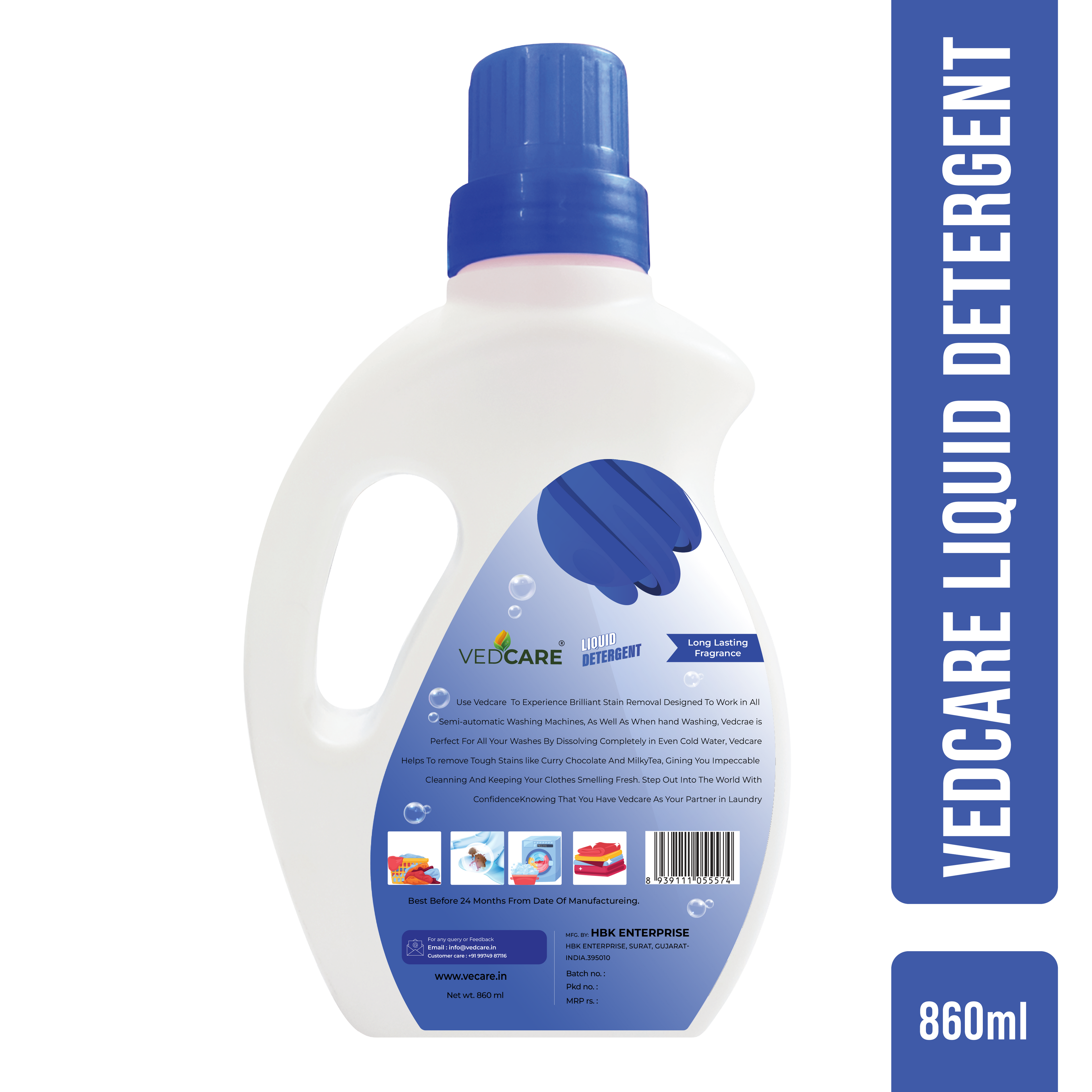 Vedcare liquid detergent bottle with blue cap on a white background