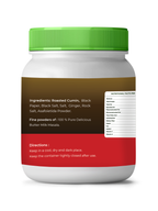 Butter milk masala powder container with green lid and multicolored label on a white background