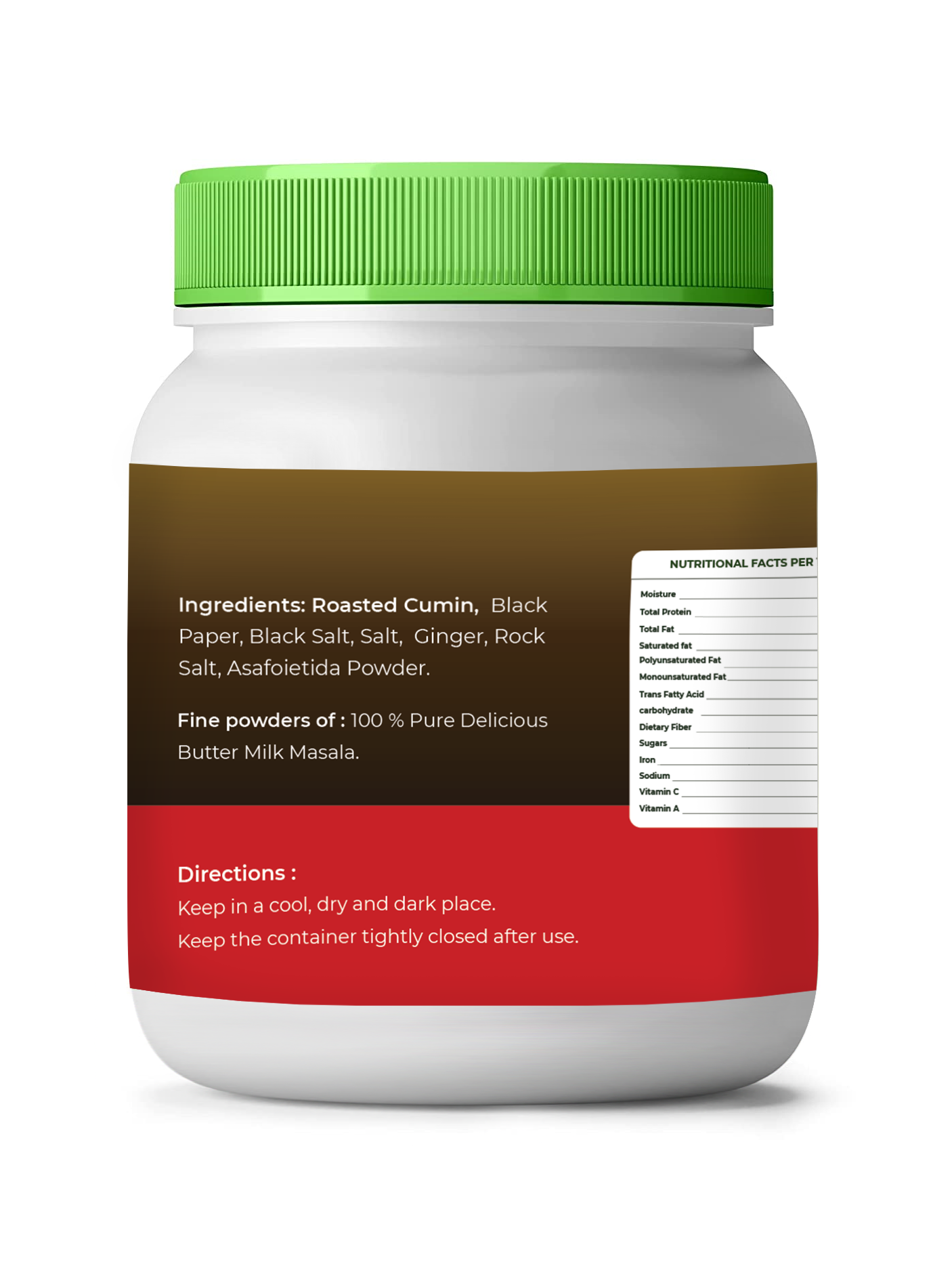 Butter milk masala powder container with green lid and multicolored label on a white background