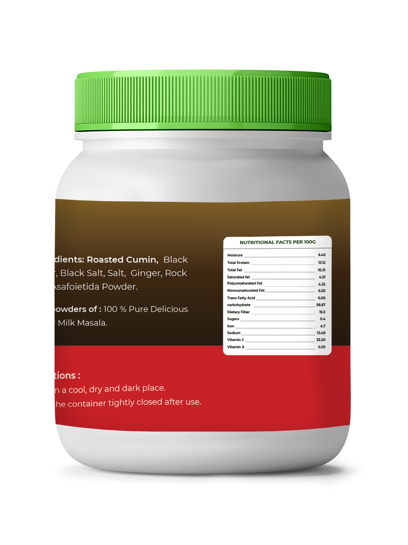 Container with a green lid and red label on a white background