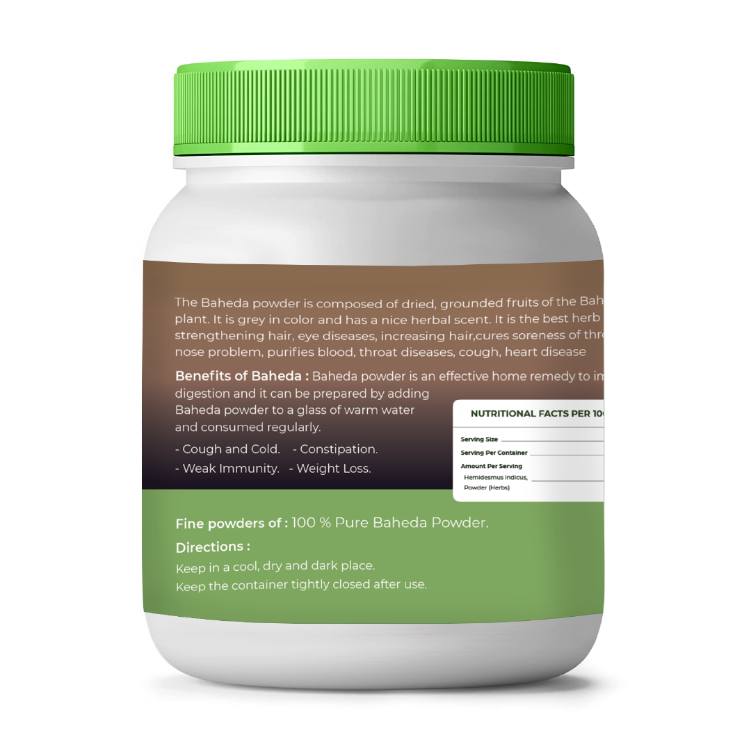 Container of Baheda powder with green lid and label on a white background