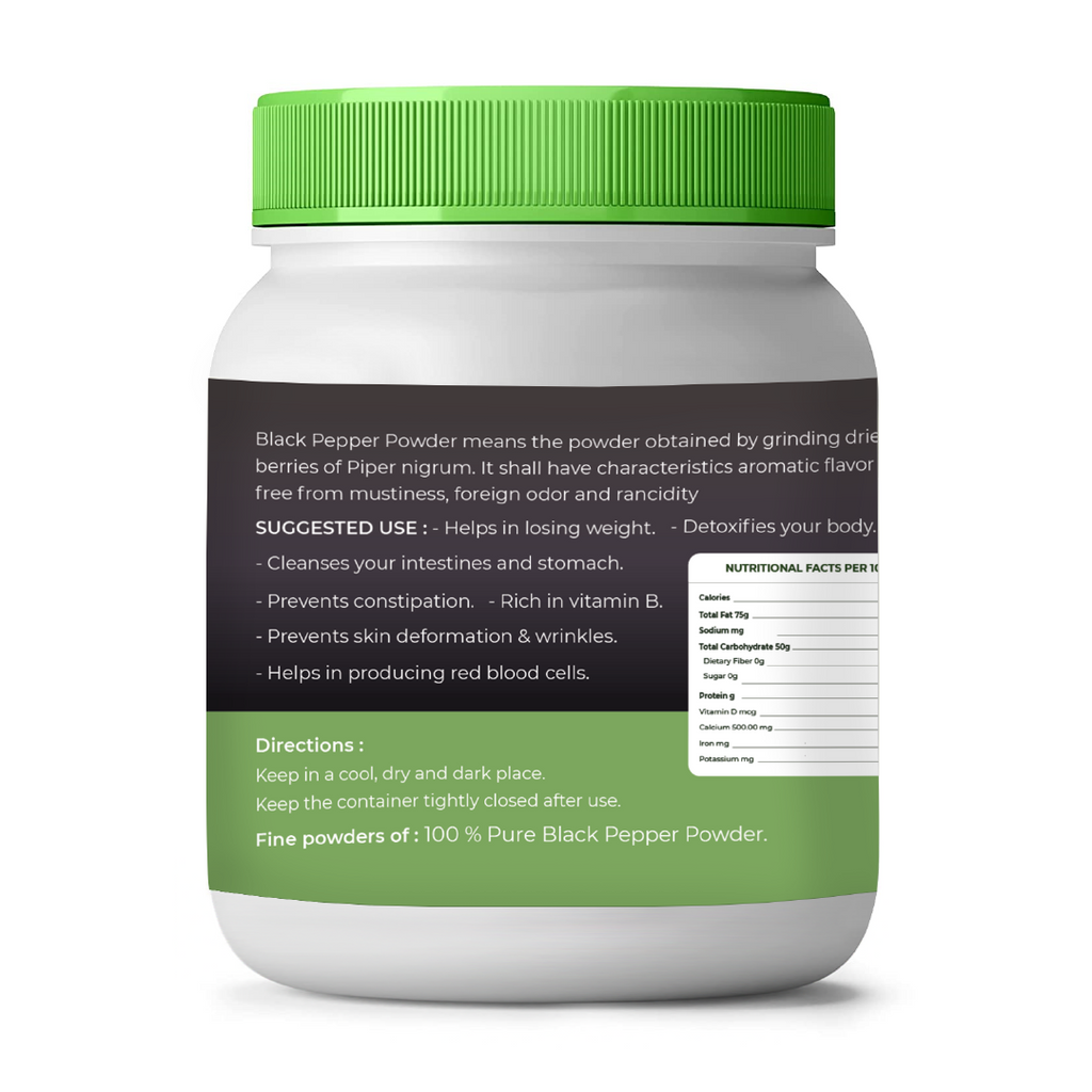 Jar of black pepper powder with green lid and label on a white background