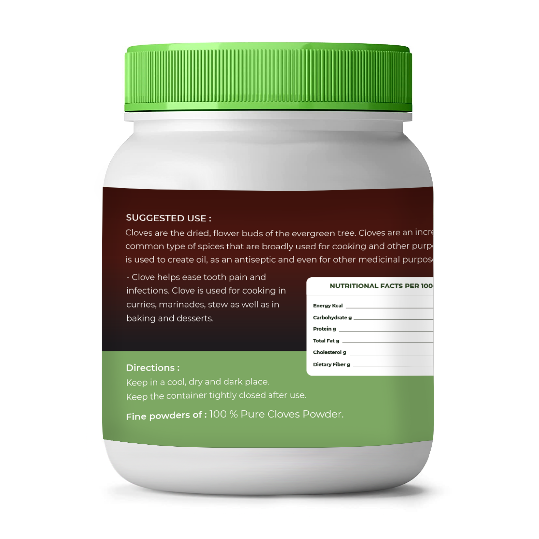 Container of clove powder with a green lid and label on a white background