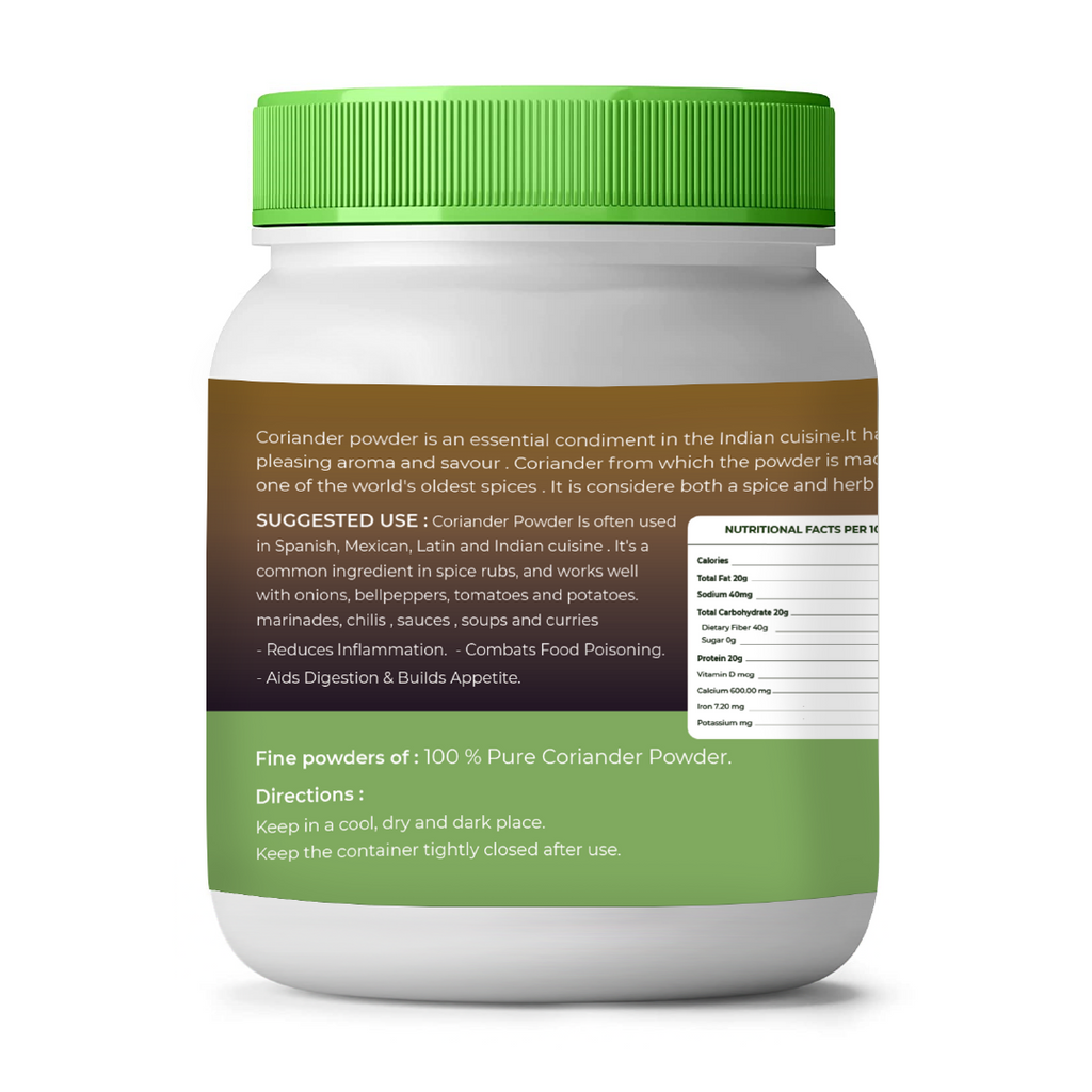 Jar of coriander powder with green lid and label on a white background