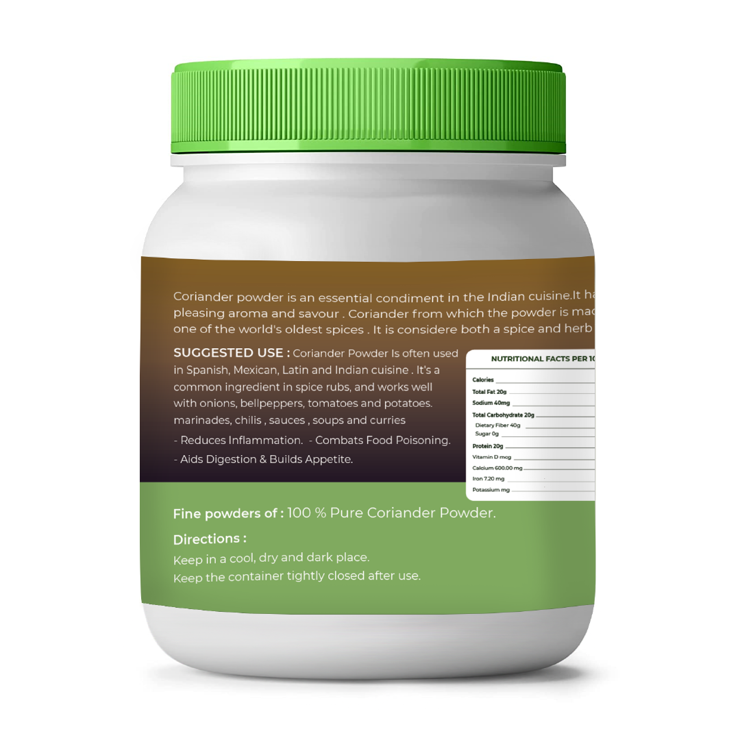 Jar of coriander powder with green lid and label on a white background