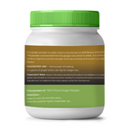 Container of ginger powder with green lid and label on a white background
