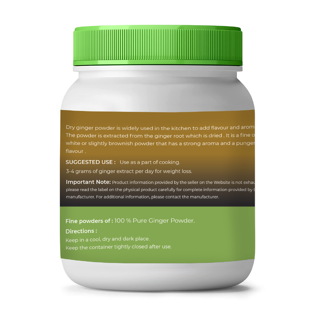 Container of ginger powder with green lid and label on a white background