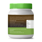 Container of onion powder with a green lid and label on a white background