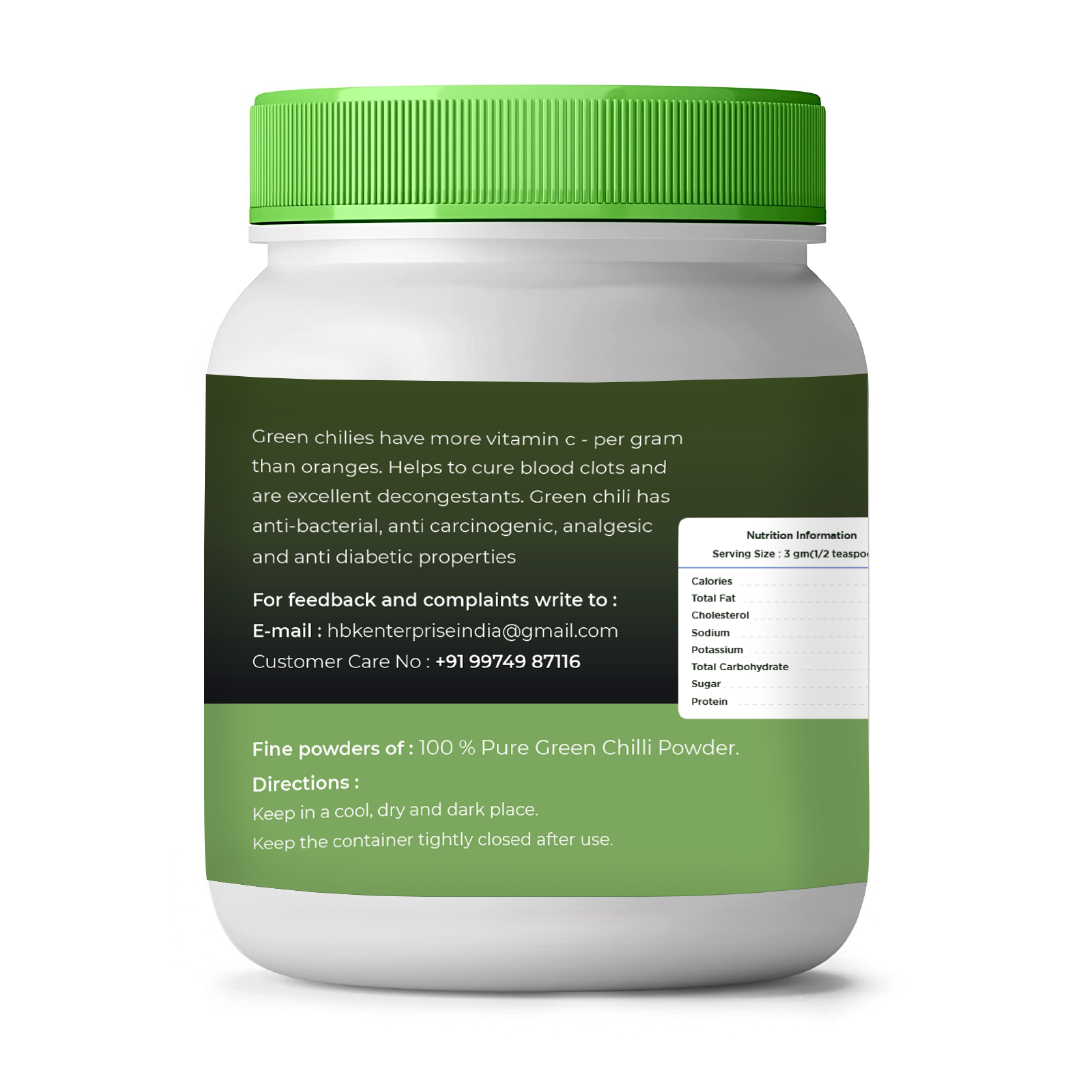 Container of green chili powder with a green lid on a white background
