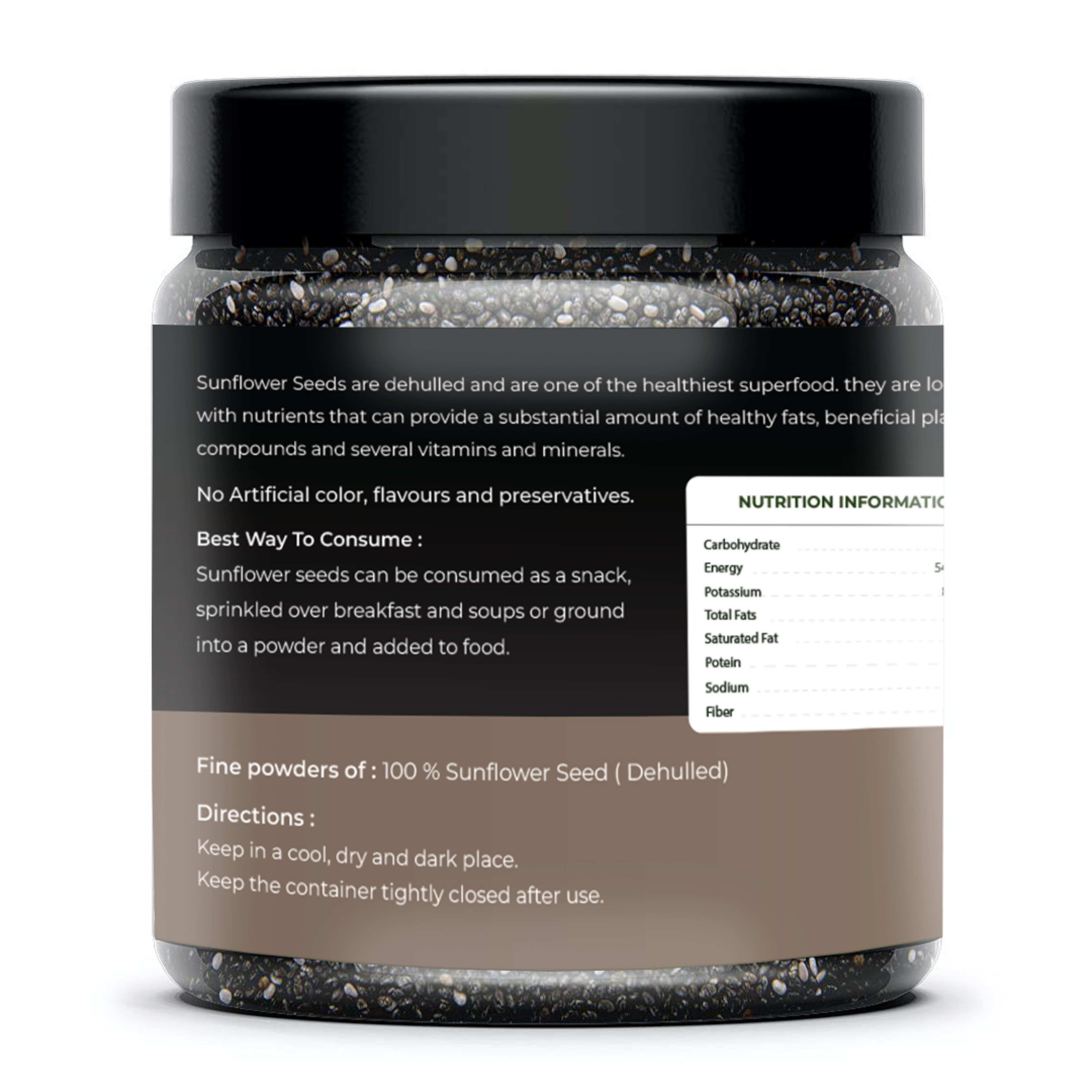 Jar of sunflower seeds with label on a white background