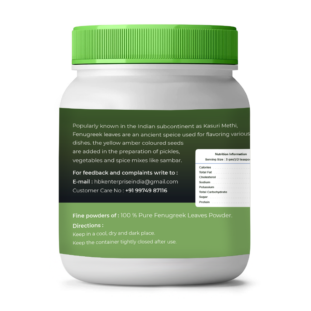 Container of fenugreek leaves powder with green lid and label on a white background