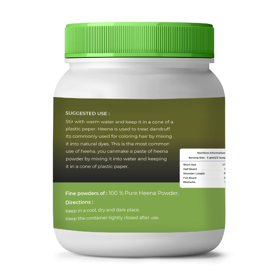 Container of 100% Pure Heena Powder with green lid and label on a white background