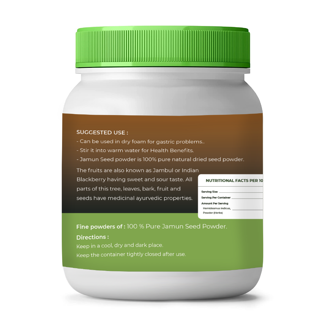 Jar of Jamun Seed Powder with green lid and label on a white background