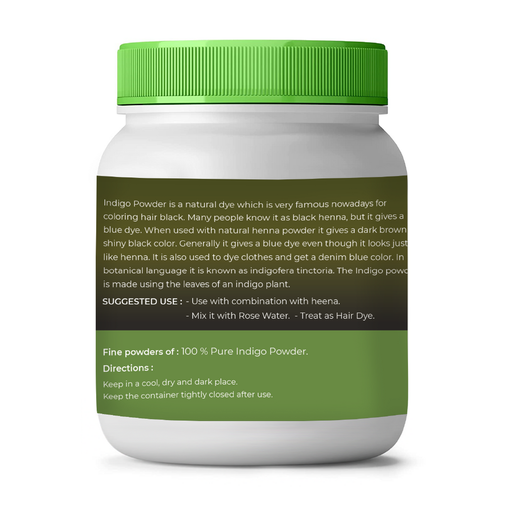 Jar of indigo powder with green lid and label on a white background