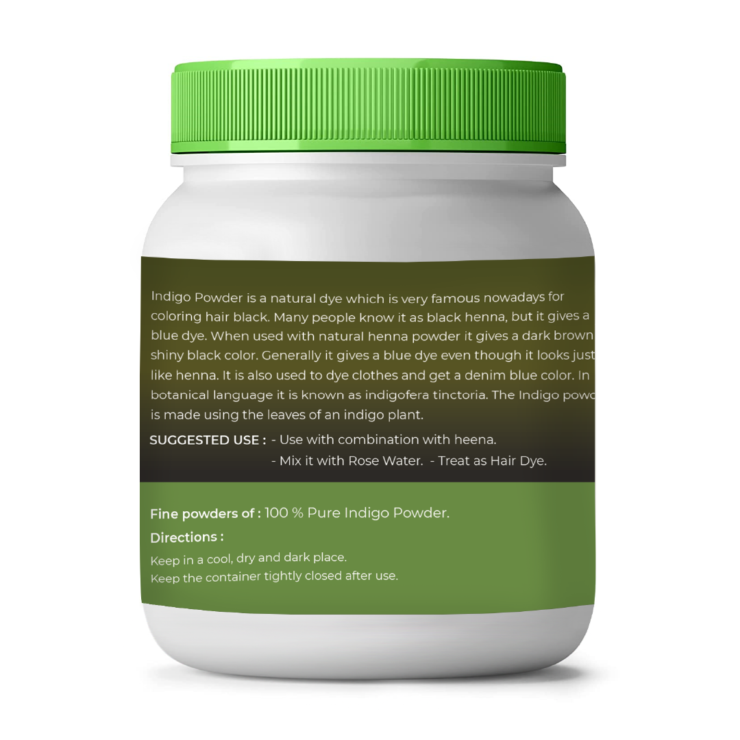 Jar of indigo powder with green lid and label on a white background