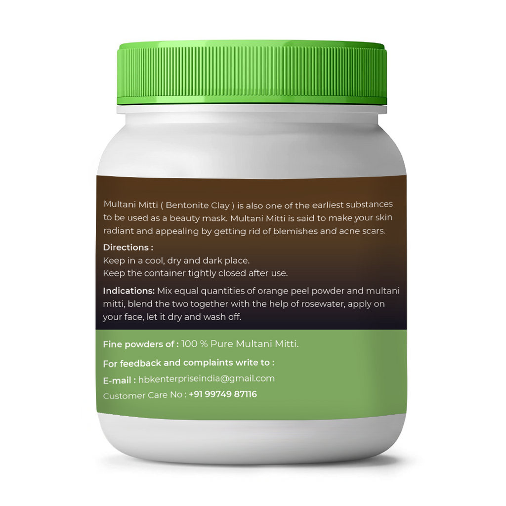 Jar of Multani Mitti with green lid and label on a white background