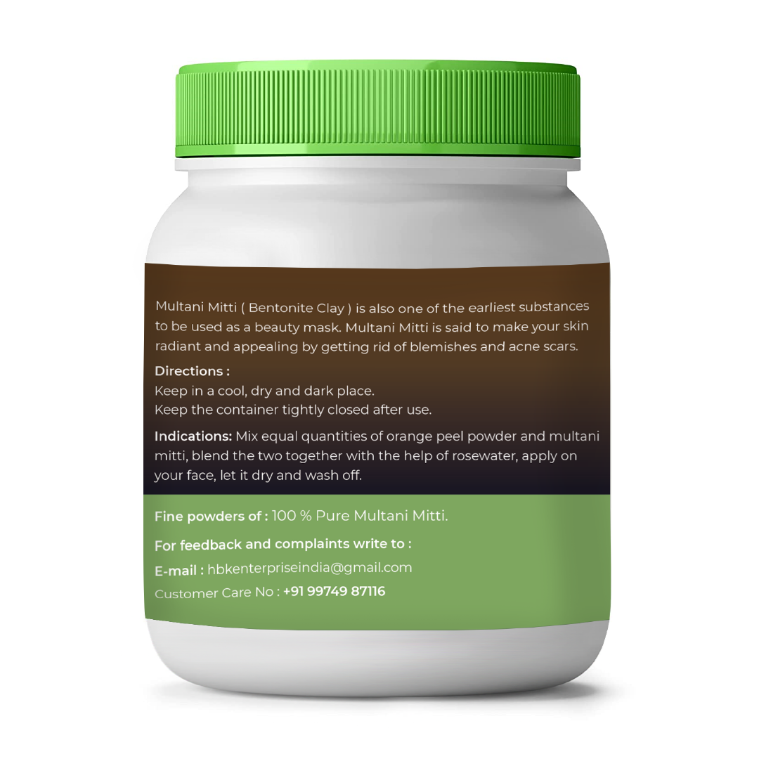 Jar of Multani Mitti with green lid and label on a white background