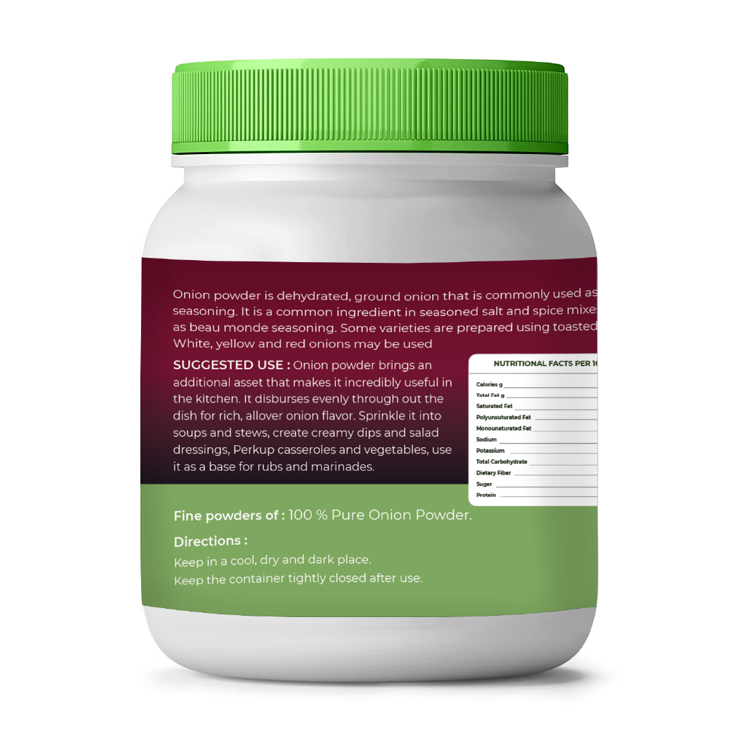 Container of vedcare onion powder with green lid and label on a white background