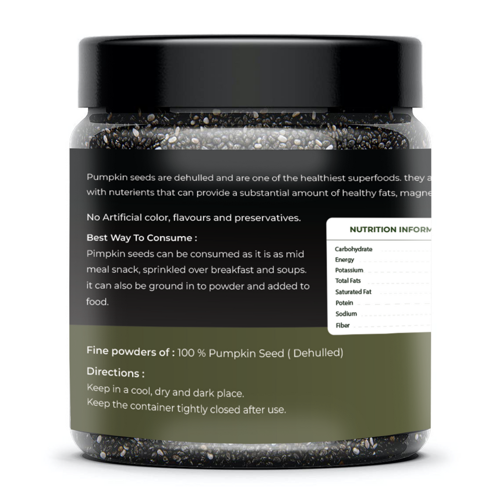 Jar of pumpkin seeds with label on a white background