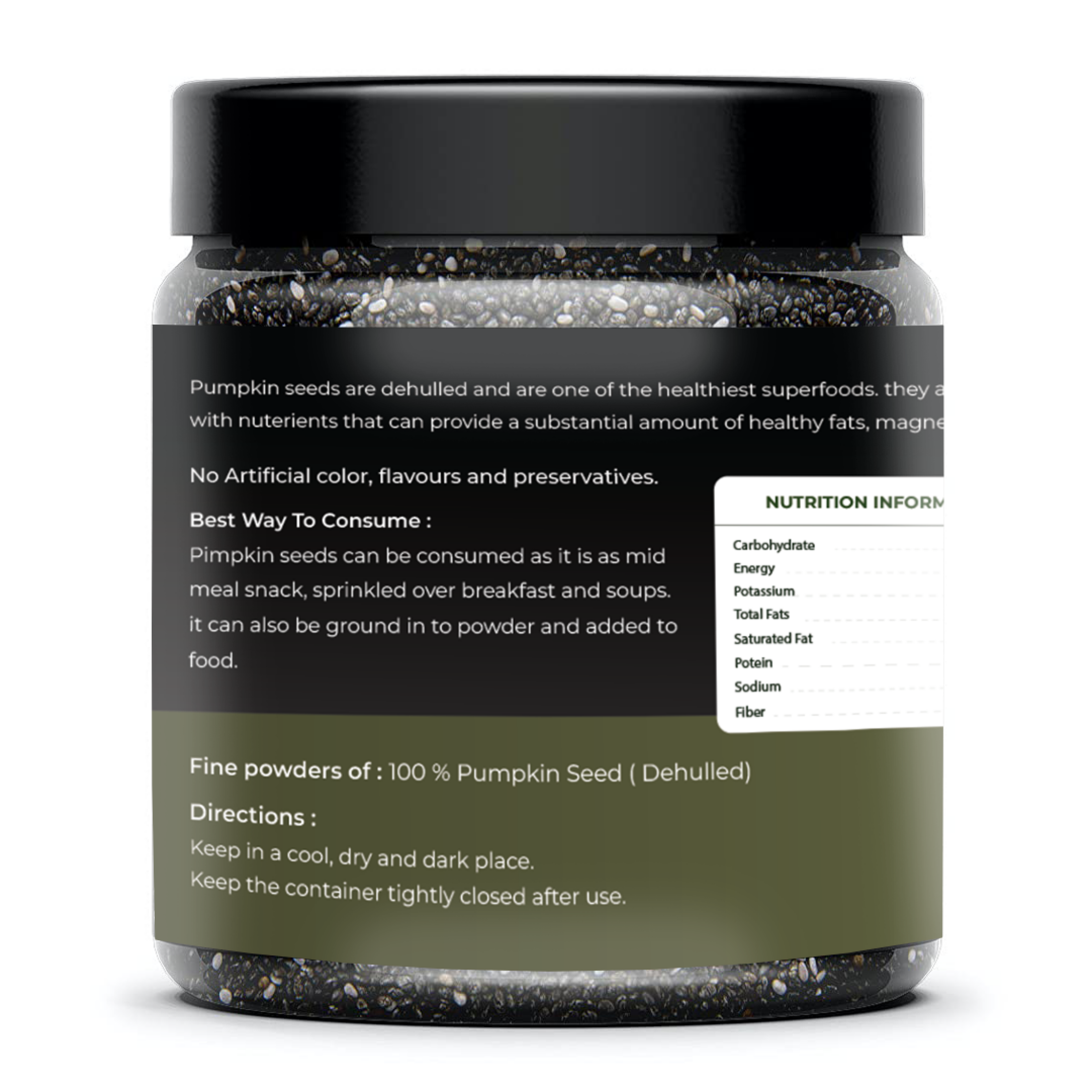 Jar of pumpkin seeds with label on a white background