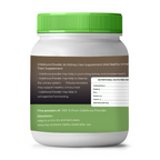 Supplement container with green lid and label on a white background