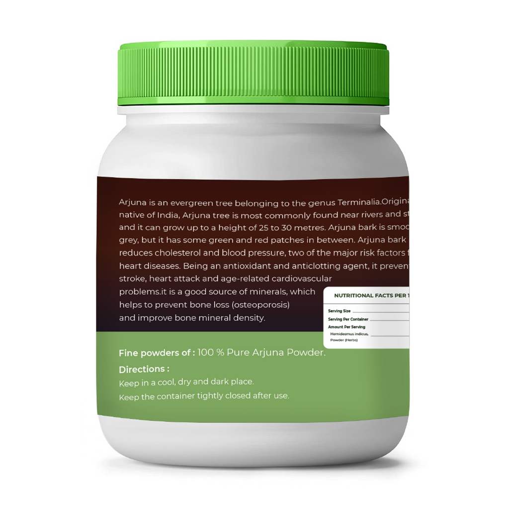 Container of Arjuna powder with green lid and label on a white background