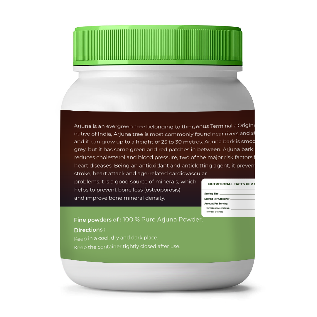 Container of Arjuna powder with green lid and label on a white background