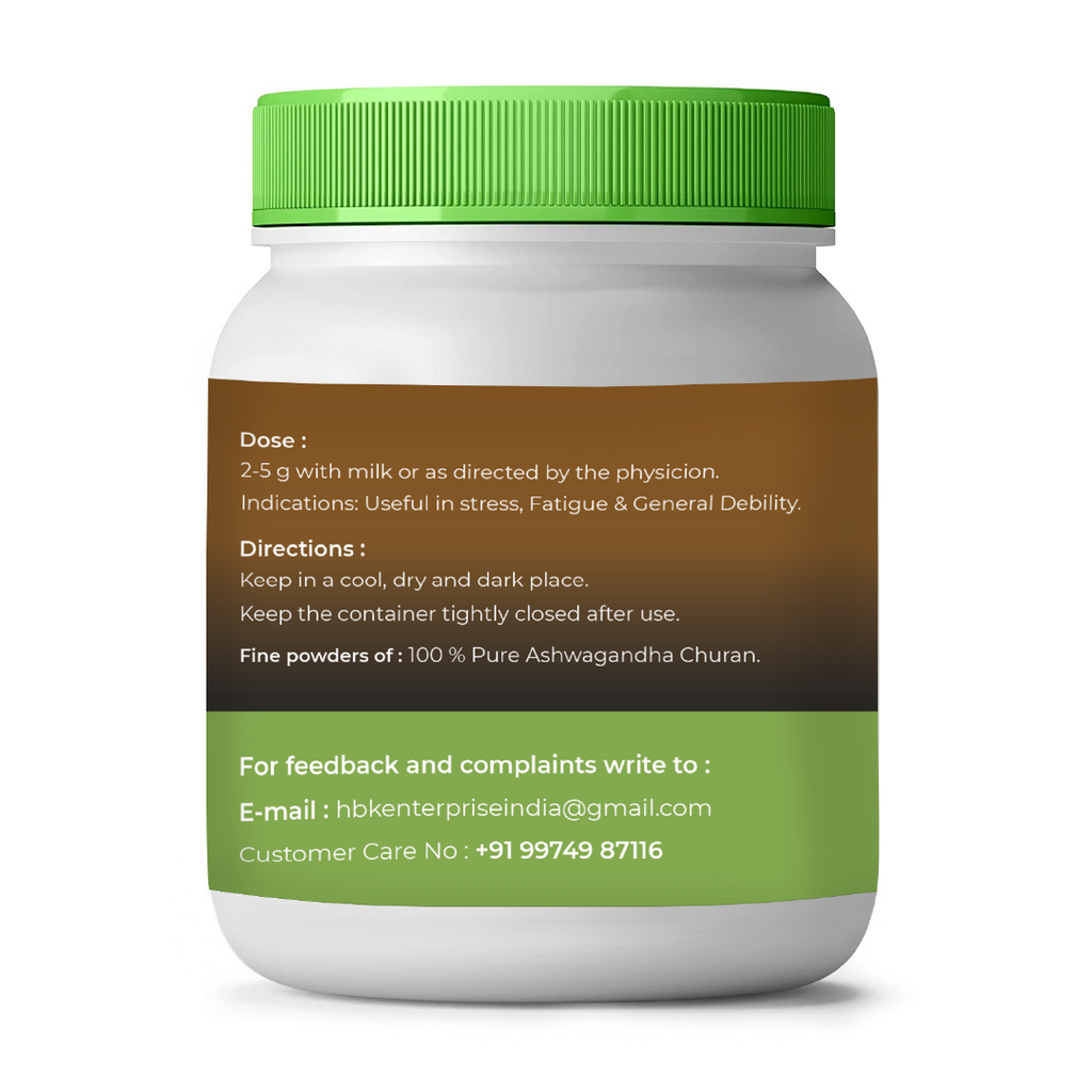 Jar of Ashwagandha Churan with green lid and label on a white background