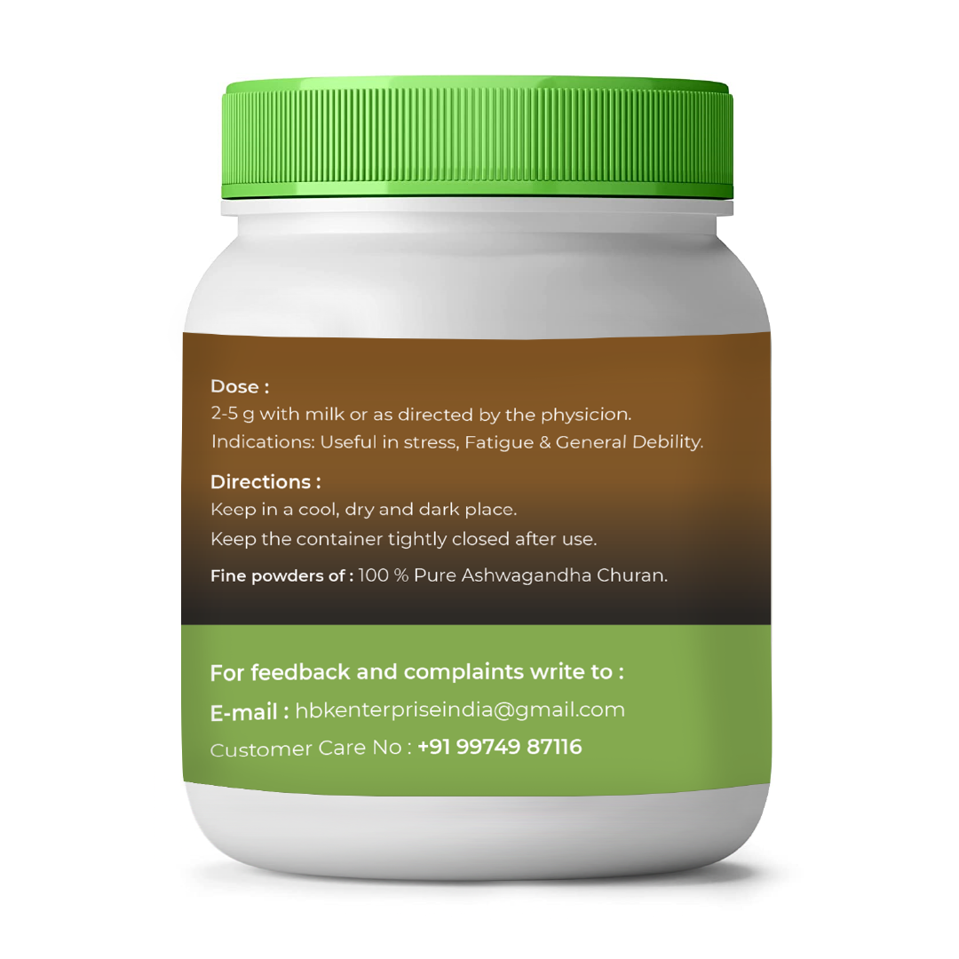Jar of Ashwagandha Churan with green lid and label on a white background