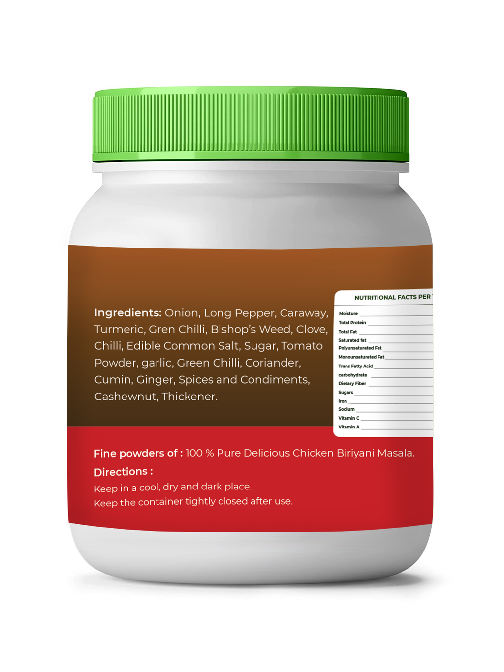 Container of chicken biriyani masala with green lid and multicolored label on a white background