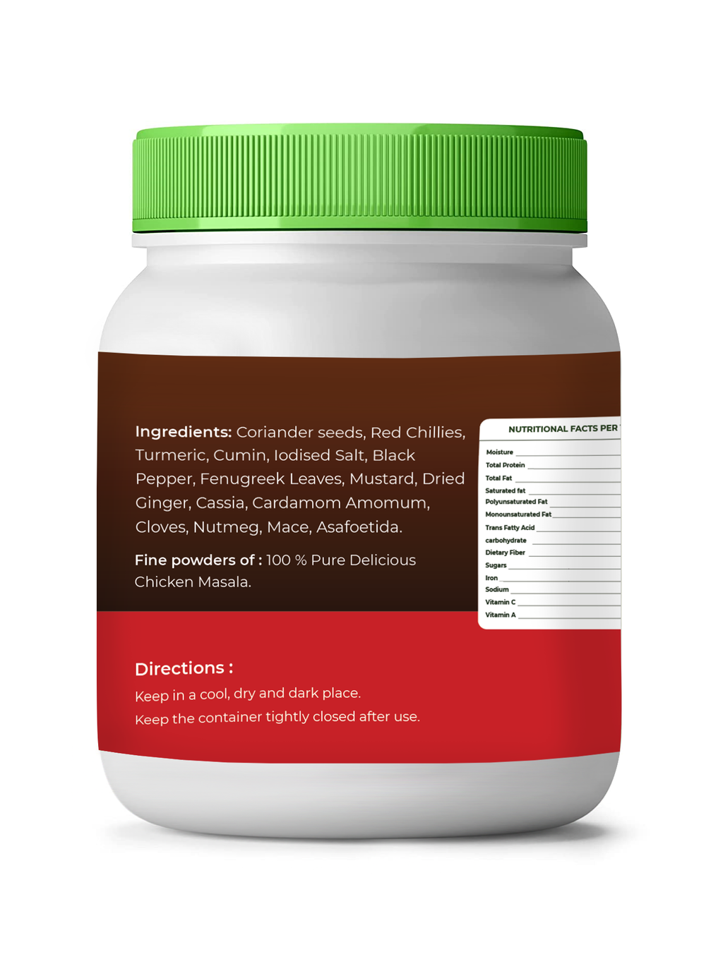 White container with green lid and brown label on a white background