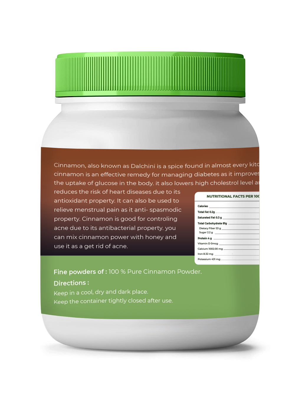 Container of cinnamon powder with green lid and label on a white background