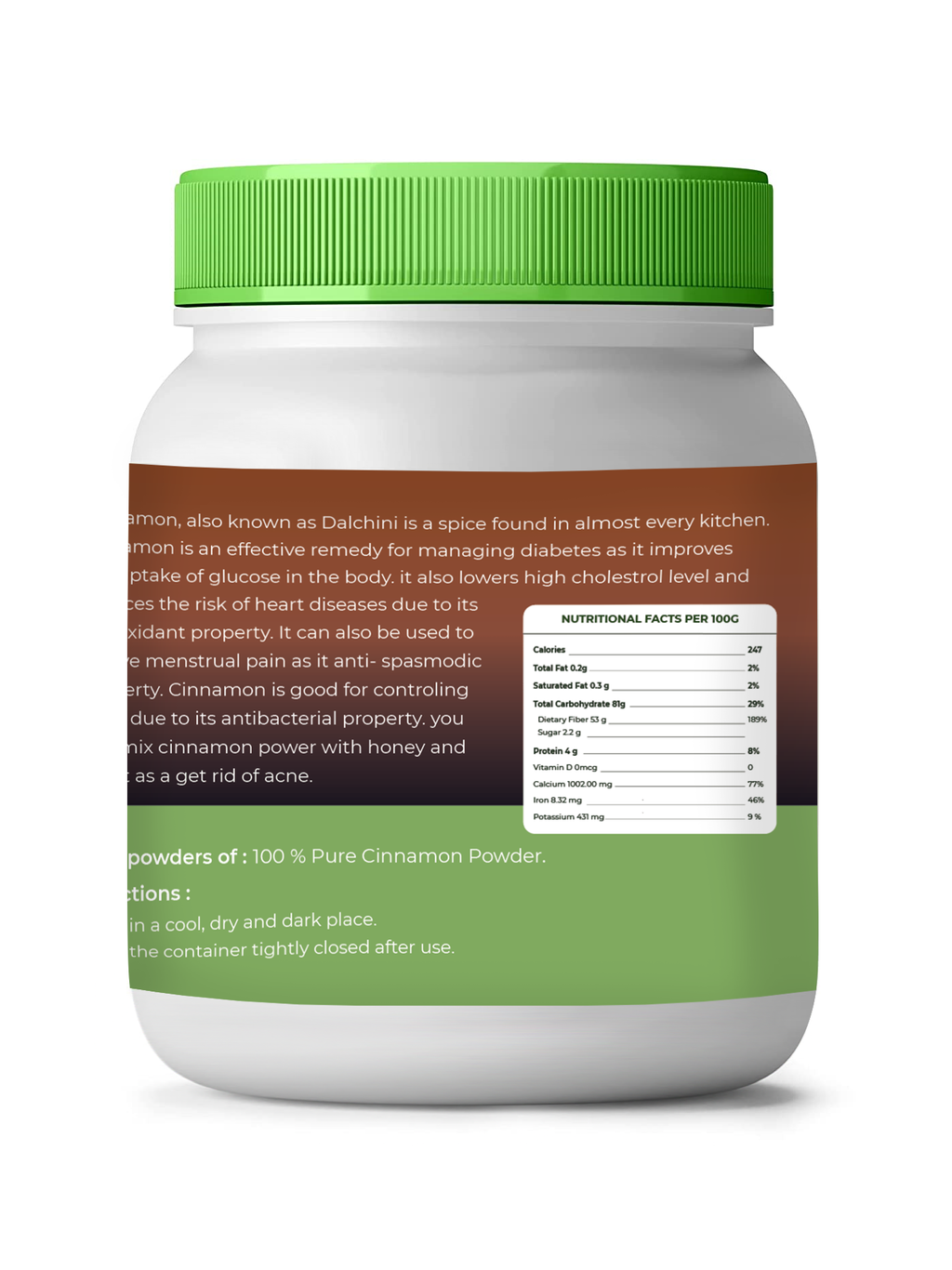 Container of cinnamon powder with green lid and label on a white background
