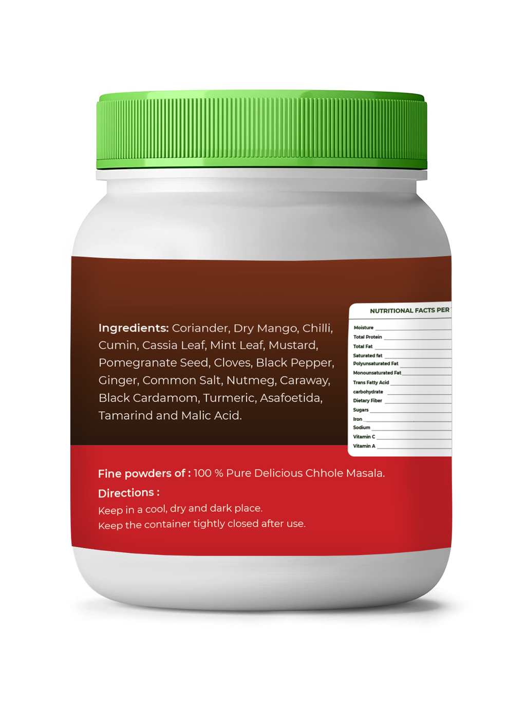 White container with green lid and red label on a white background