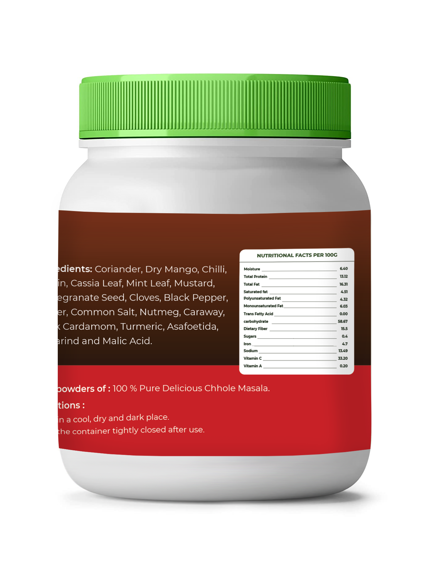 Container of Chhole Masala powder with a green lid and red label on a white background