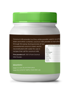 Jar of coconut milk powder with green lid and label on a white background