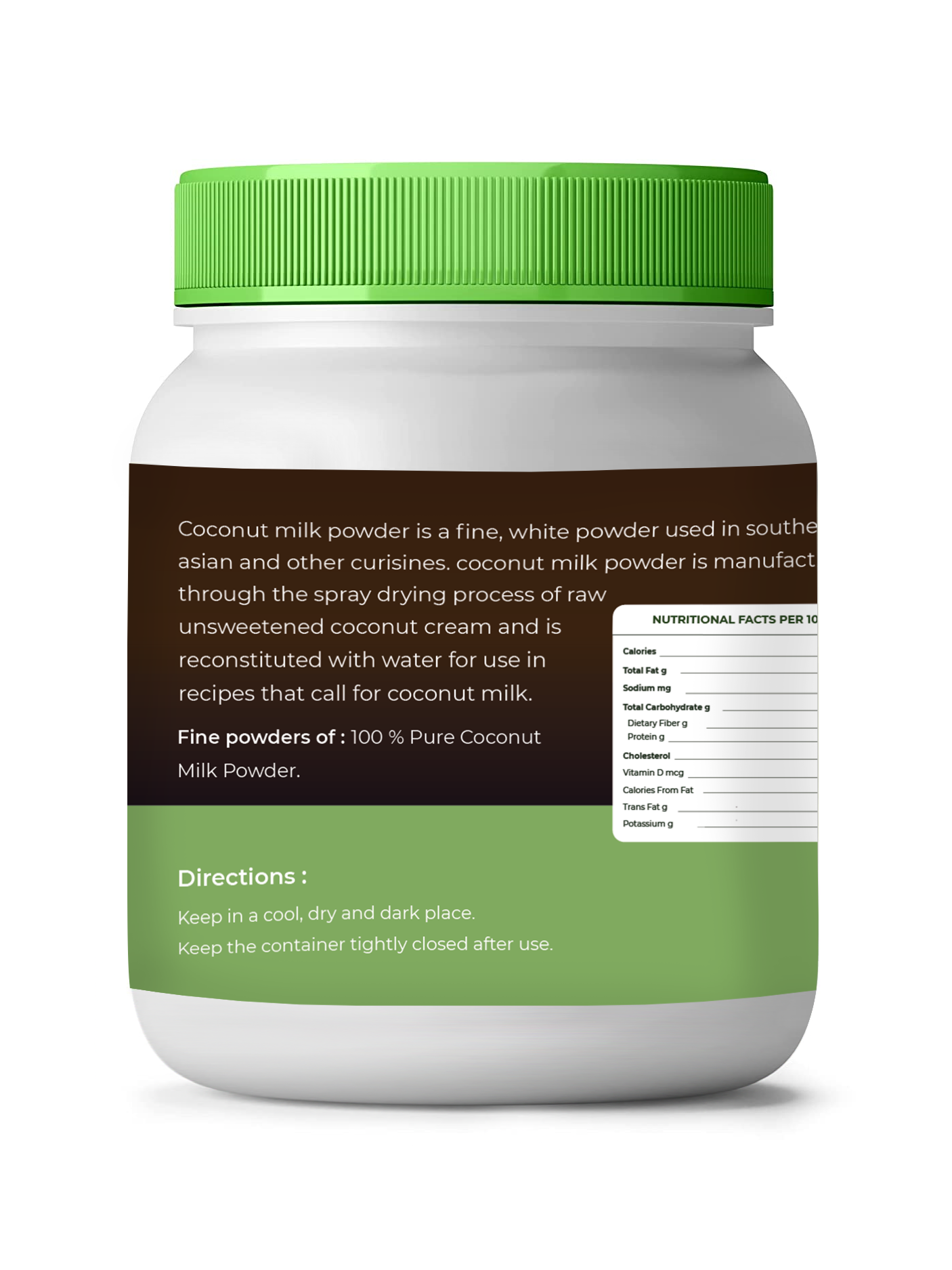 Jar of coconut milk powder with green lid and label on a white background