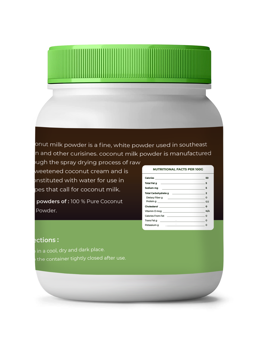 Jar of coconut milk powder with green lid and label on a white background