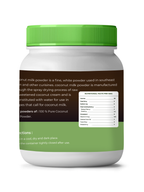 Jar of coconut milk powder with green lid and label on a white background