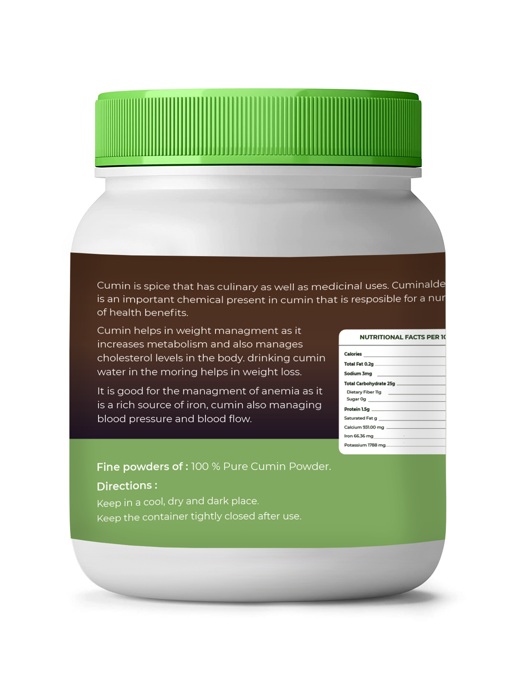Jar of cumin powder with green lid and label on a white background