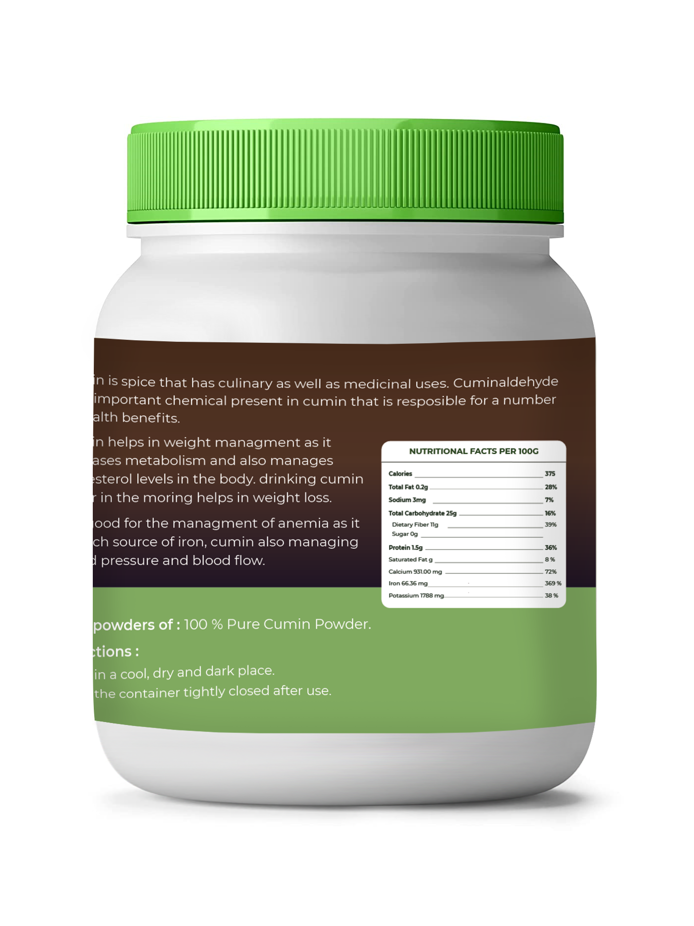 Container of cumin powder with green lid and label on a white background