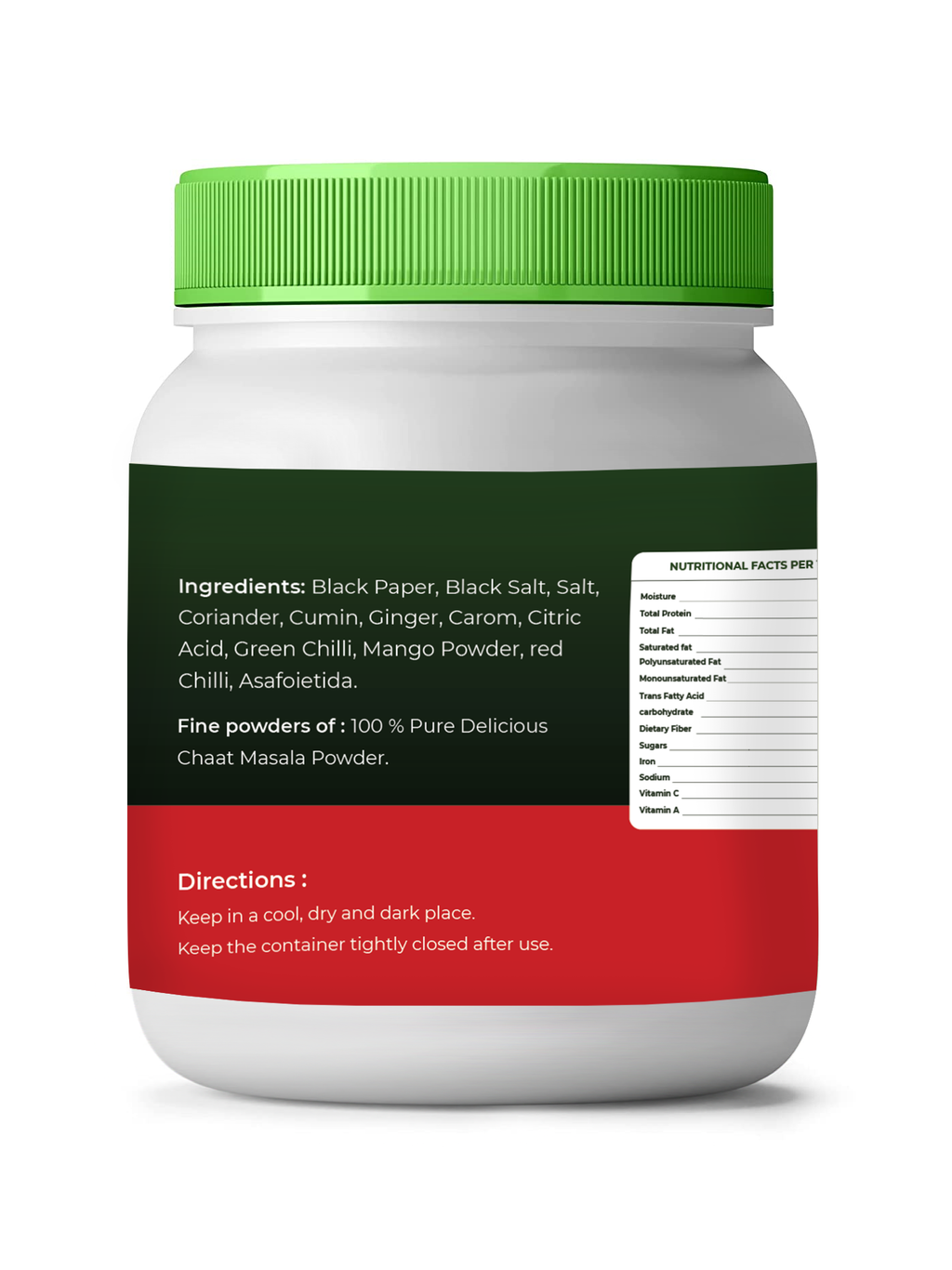 Container of chaat masala powder with green lid and multicolored label on a white background