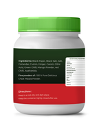 Container of chaat masala powder with green lid and multicolored label on a white background