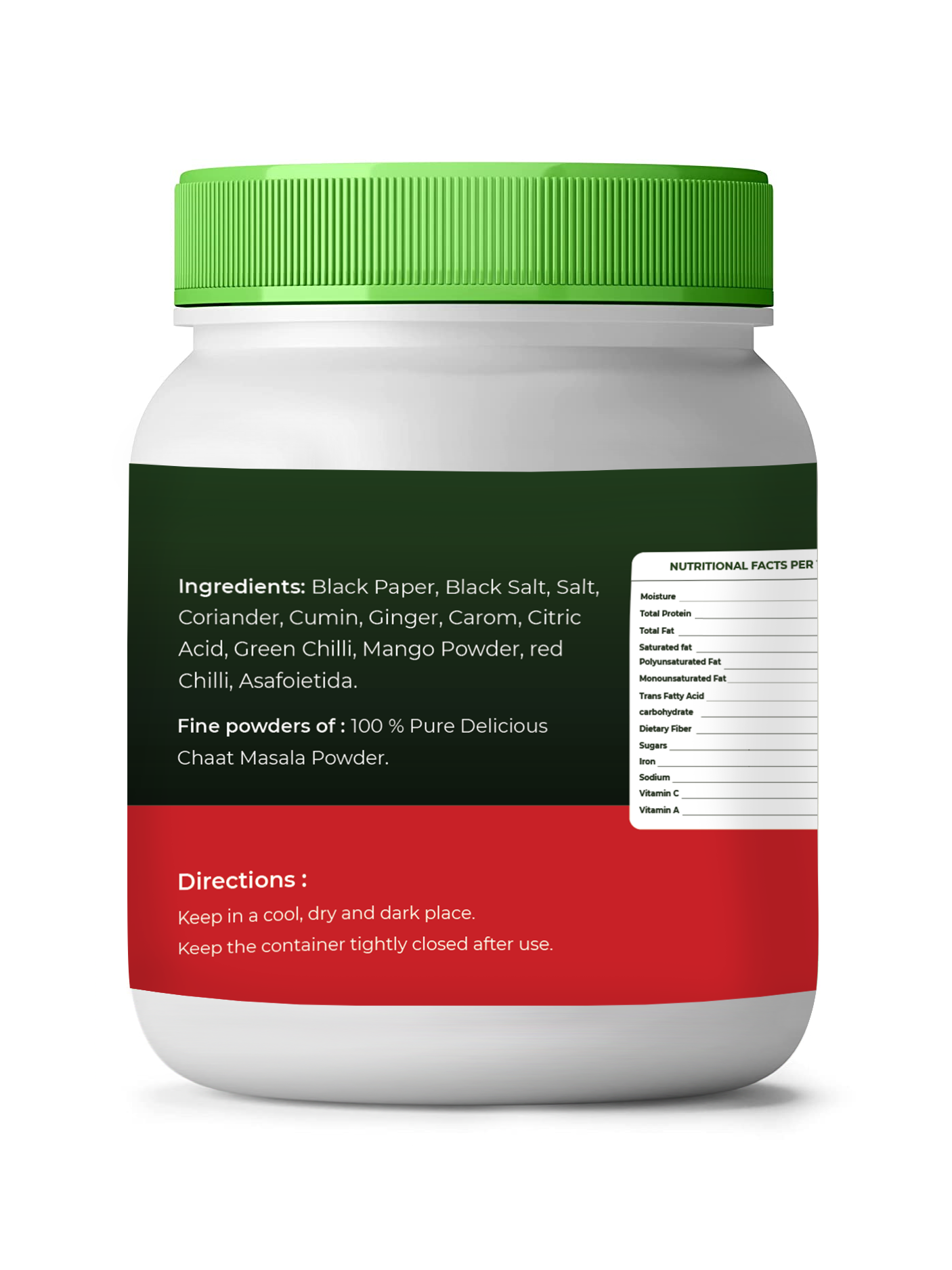 Container of chaat masala powder with green lid and multicolored label on a white background