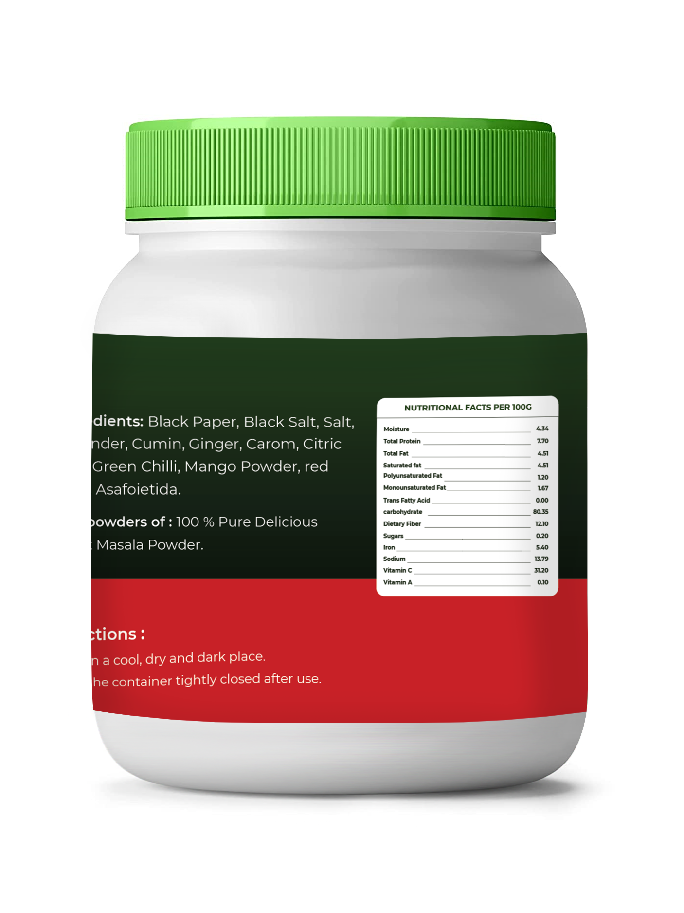 White container with green lid and multicolored label on a white background