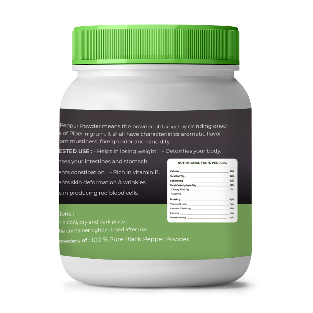 Container of black pepper powder with green lid and label on a white background