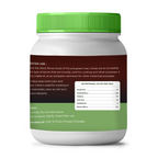 Container of clove powder with green lid and label on a white background