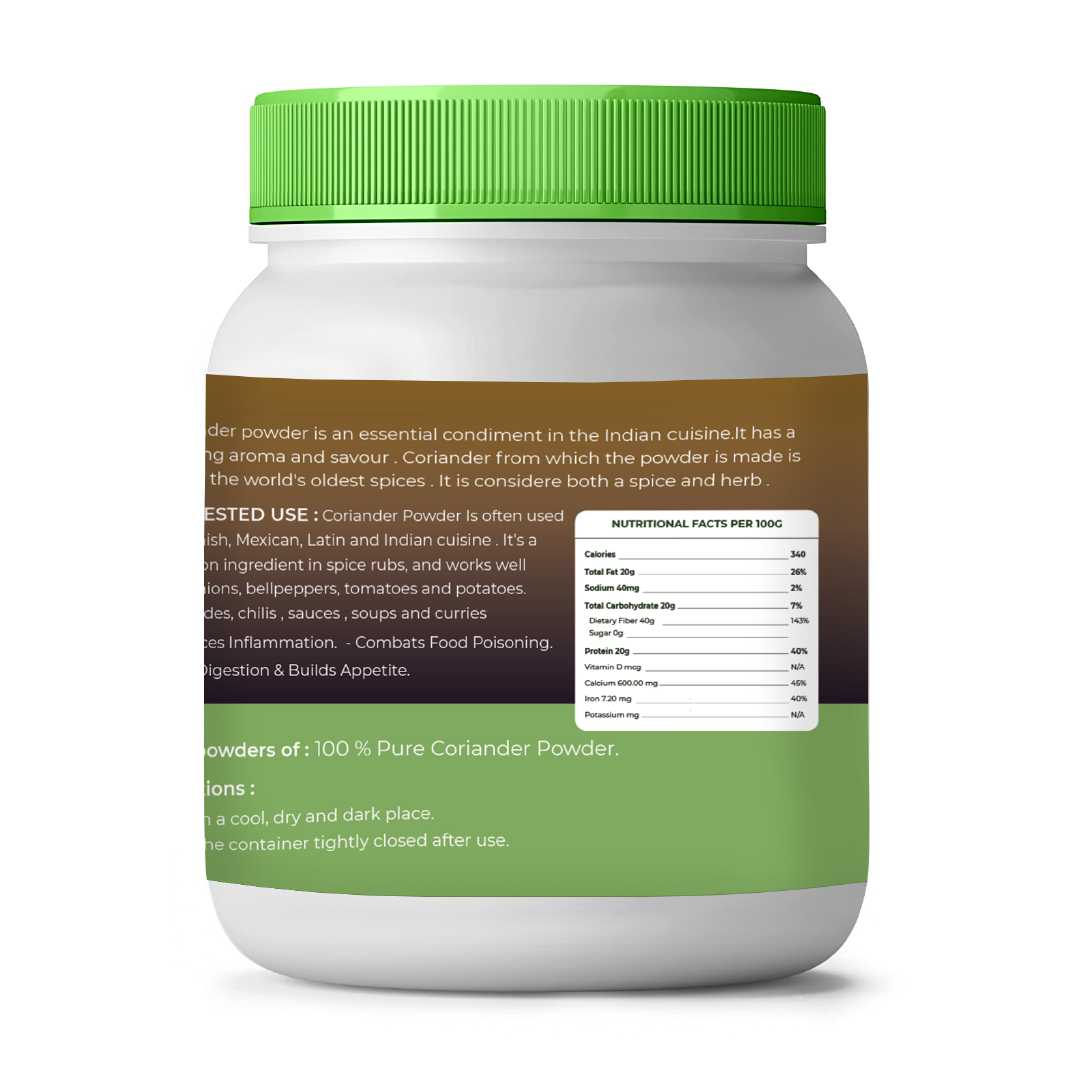 Jar of coriander powder with green lid and label on a white background